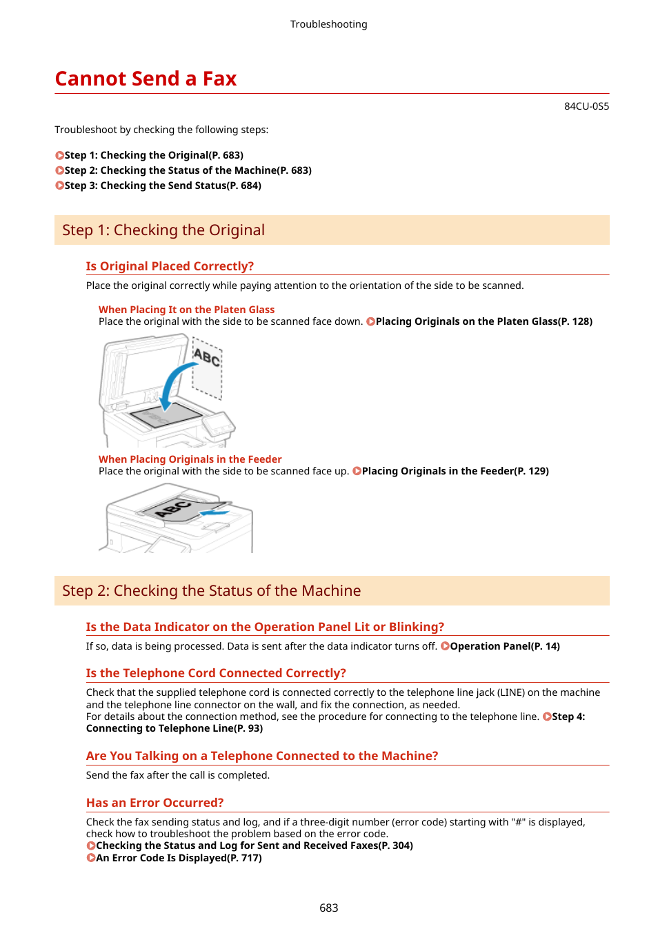 Cannot send a fax, Cannot send a fax(p. 683), Step 1: checking the original | Step 2: checking the status of the machine | Canon imageCLASS MF753Cdw Multifunction Wireless Color Laser Printer User Manual | Page 693 / 801