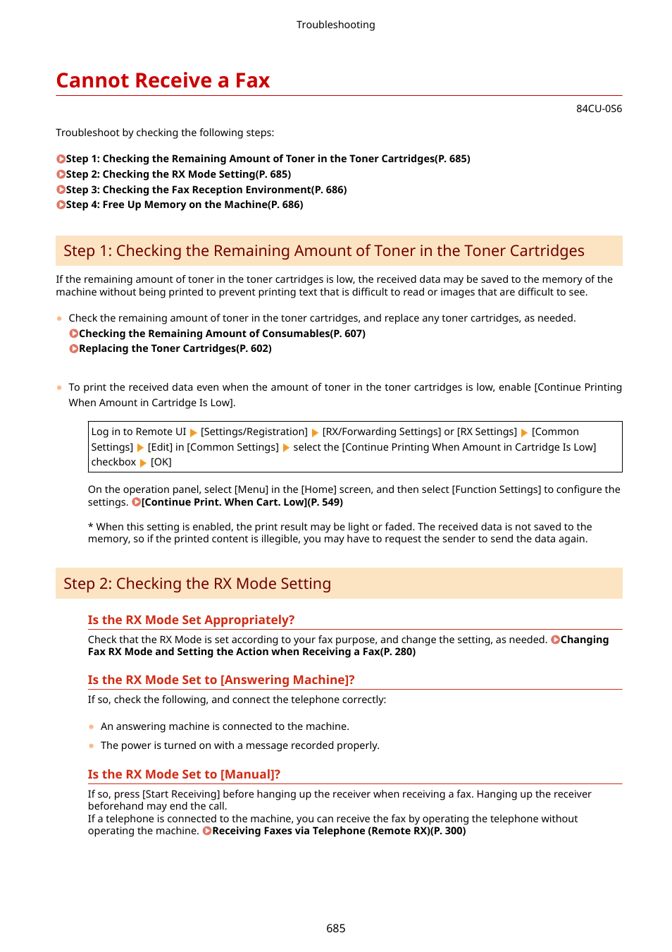 Cannot receive a fax, Cannot receive a fax(p. 685), Step 2: checking the rx mode setting | Canon imageCLASS MF753Cdw Multifunction Wireless Color Laser Printer User Manual | Page 695 / 801