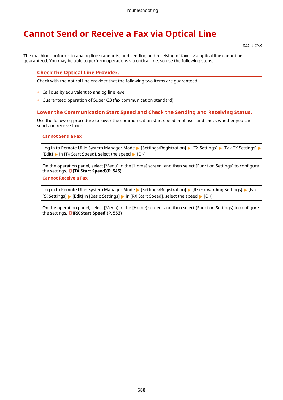 Cannot send or receive a fax via optical line | Canon imageCLASS MF753Cdw Multifunction Wireless Color Laser Printer User Manual | Page 698 / 801