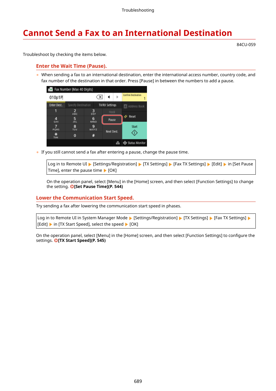 Cannot send a fax to an international destination | Canon imageCLASS MF753Cdw Multifunction Wireless Color Laser Printer User Manual | Page 699 / 801