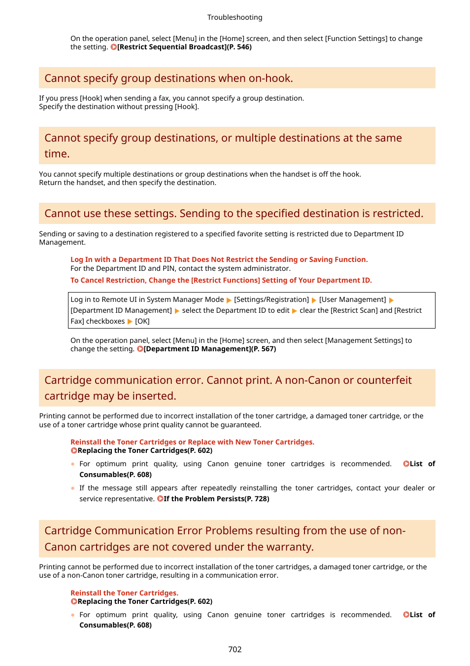 P. 702), Under the warranty.(p. 702), Cannot specify group destinations when on-hook | Canon imageCLASS MF753Cdw Multifunction Wireless Color Laser Printer User Manual | Page 712 / 801