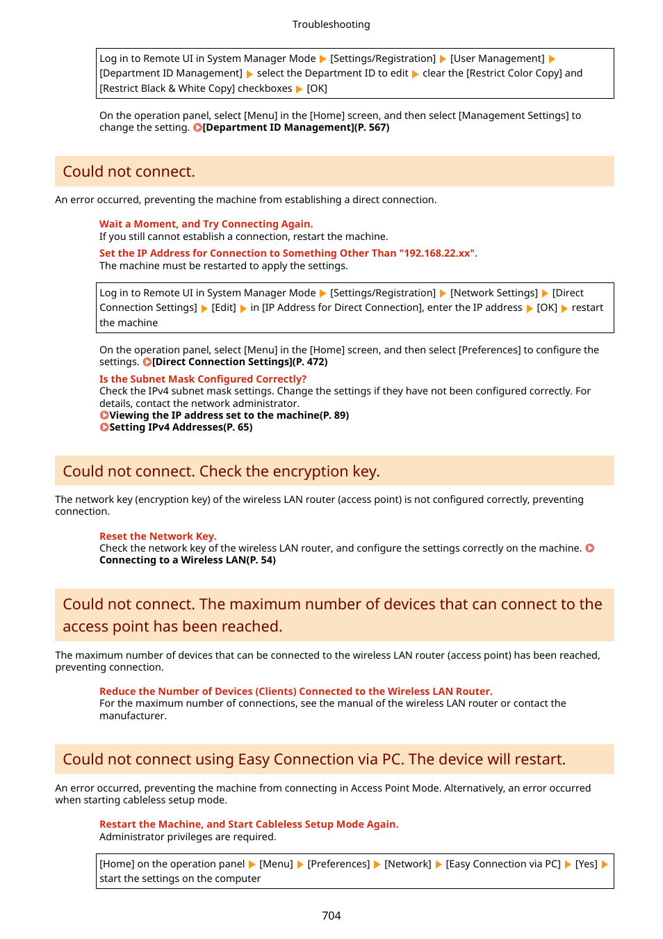 Reached.(p. 704), Could not connect, Could not connect. check the encryption key | Canon imageCLASS MF753Cdw Multifunction Wireless Color Laser Printer User Manual | Page 714 / 801