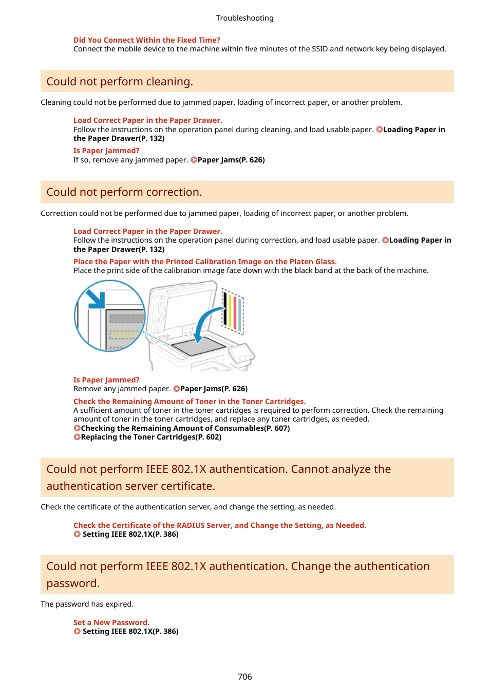 P. 706), Could not perform cleaning, Could not perform correction | Canon imageCLASS MF753Cdw Multifunction Wireless Color Laser Printer User Manual | Page 716 / 801