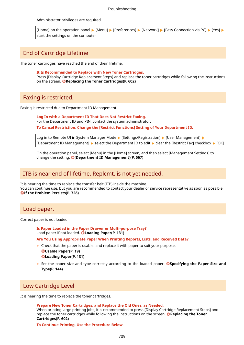 End of cartridge lifetime, Faxing is restricted, Load paper | Low cartridge level | Canon imageCLASS MF753Cdw Multifunction Wireless Color Laser Printer User Manual | Page 719 / 801