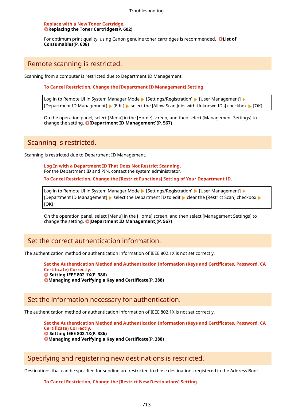 Remote scanning is restricted, Scanning is restricted, Set the correct authentication information | Set the information necessary for authentication | Canon imageCLASS MF753Cdw Multifunction Wireless Color Laser Printer User Manual | Page 723 / 801