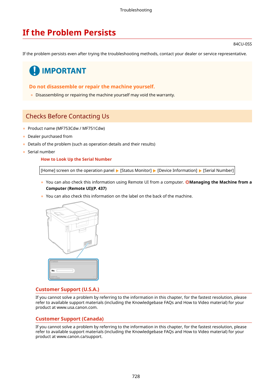 If the problem persists, If the problem persists(p. 728), Esentative. if the problem persists(p. 728) | If the problem, Persists(p. 728), Checks before contacting us | Canon imageCLASS MF753Cdw Multifunction Wireless Color Laser Printer User Manual | Page 738 / 801