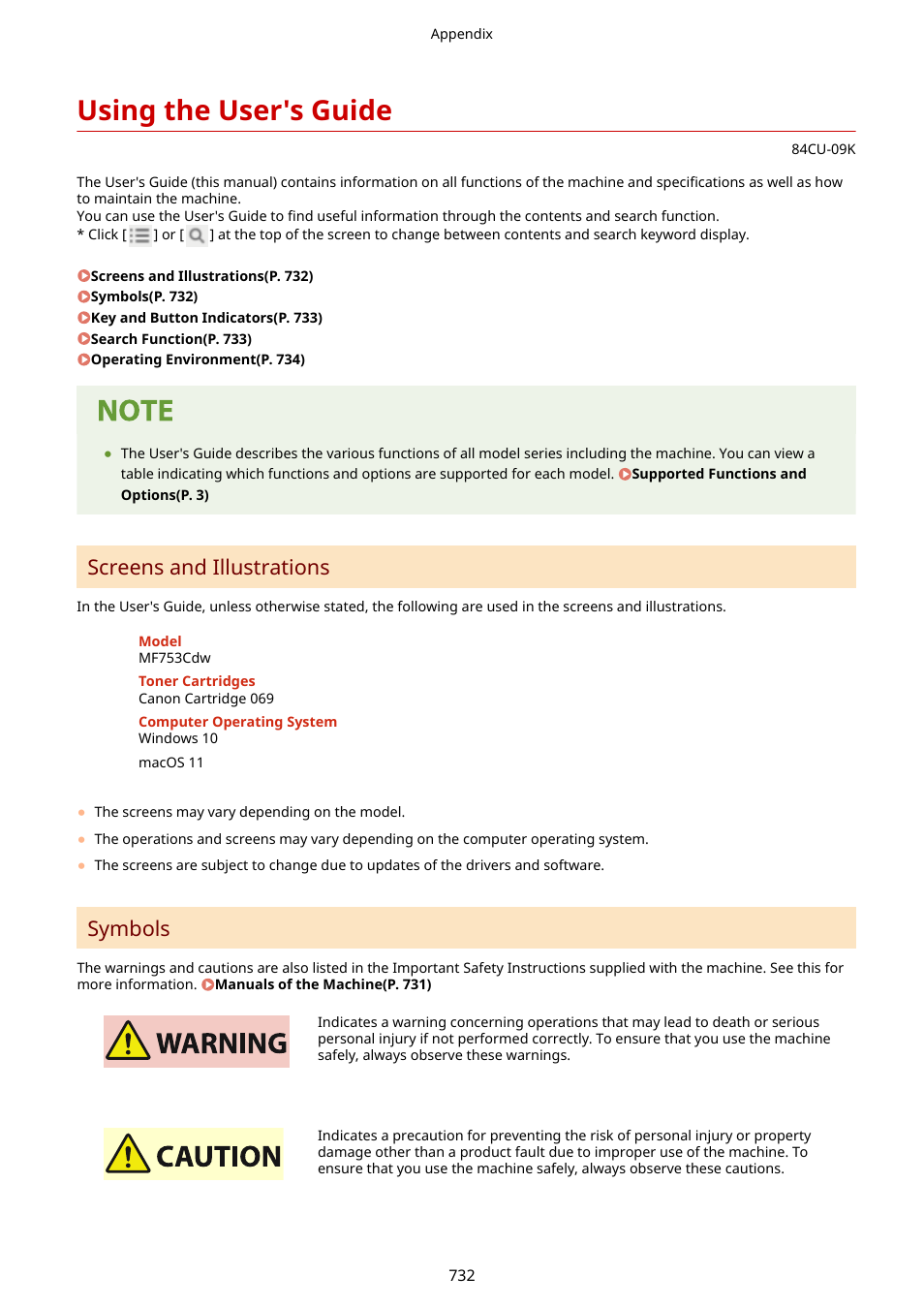 Using the user's guide, Using the user's guide(p. 732), Screens and illustrations | Symbols | Canon imageCLASS MF753Cdw Multifunction Wireless Color Laser Printer User Manual | Page 742 / 801