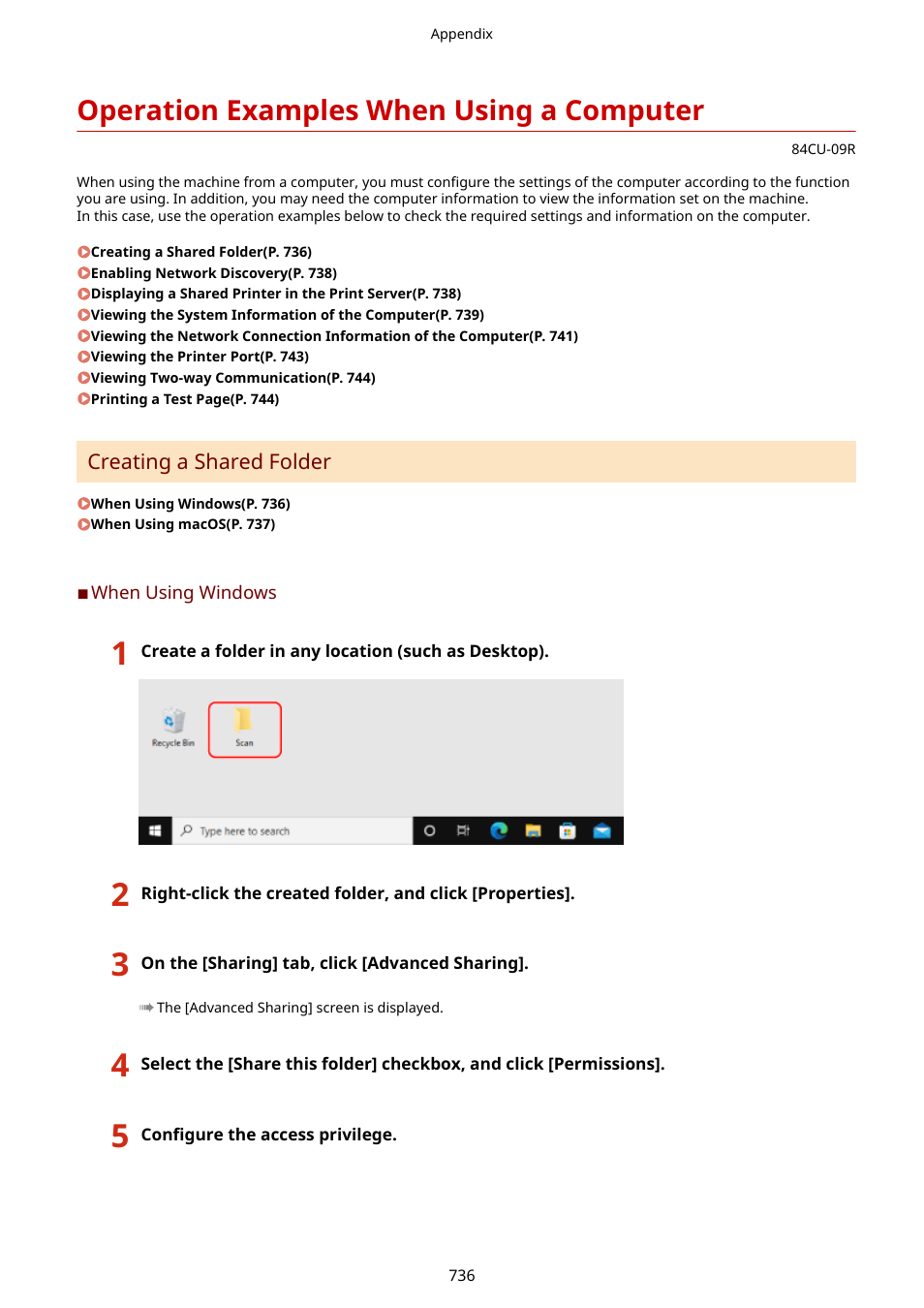 Operation examples when using a computer, Creating a shared folder(p. 736), Operation examples when using a computer(p. 736) | Canon imageCLASS MF753Cdw Multifunction Wireless Color Laser Printer User Manual | Page 746 / 801