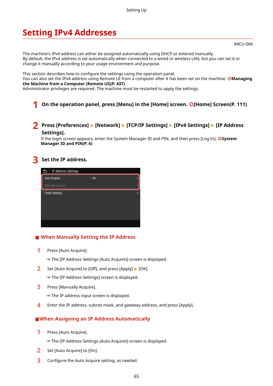 Setting ipv4 addresses, Setting ipv4 addresses(p. 65) | Canon imageCLASS MF753Cdw Multifunction Wireless Color Laser Printer User Manual | Page 75 / 801