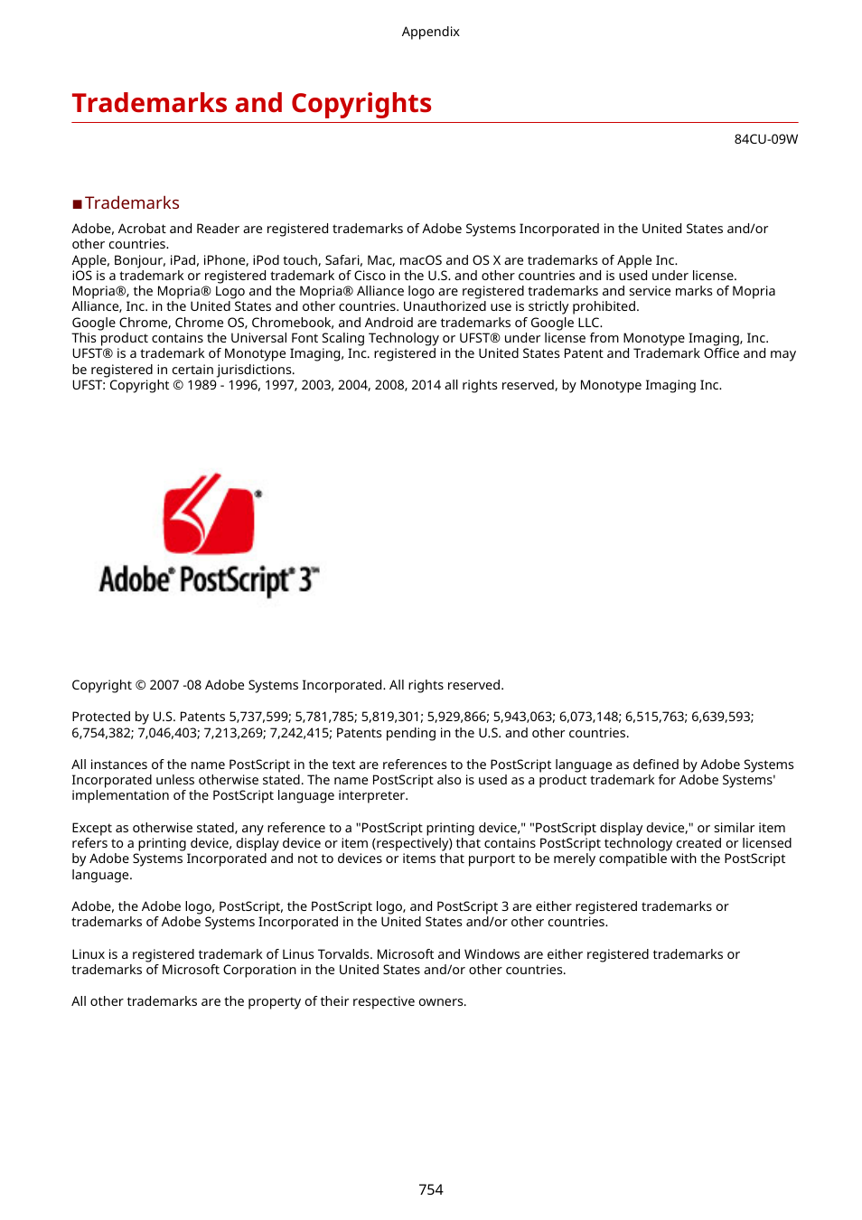 Trademarks and copyrights, Trademarks and copyrights(p. 754) | Canon imageCLASS MF753Cdw Multifunction Wireless Color Laser Printer User Manual | Page 764 / 801