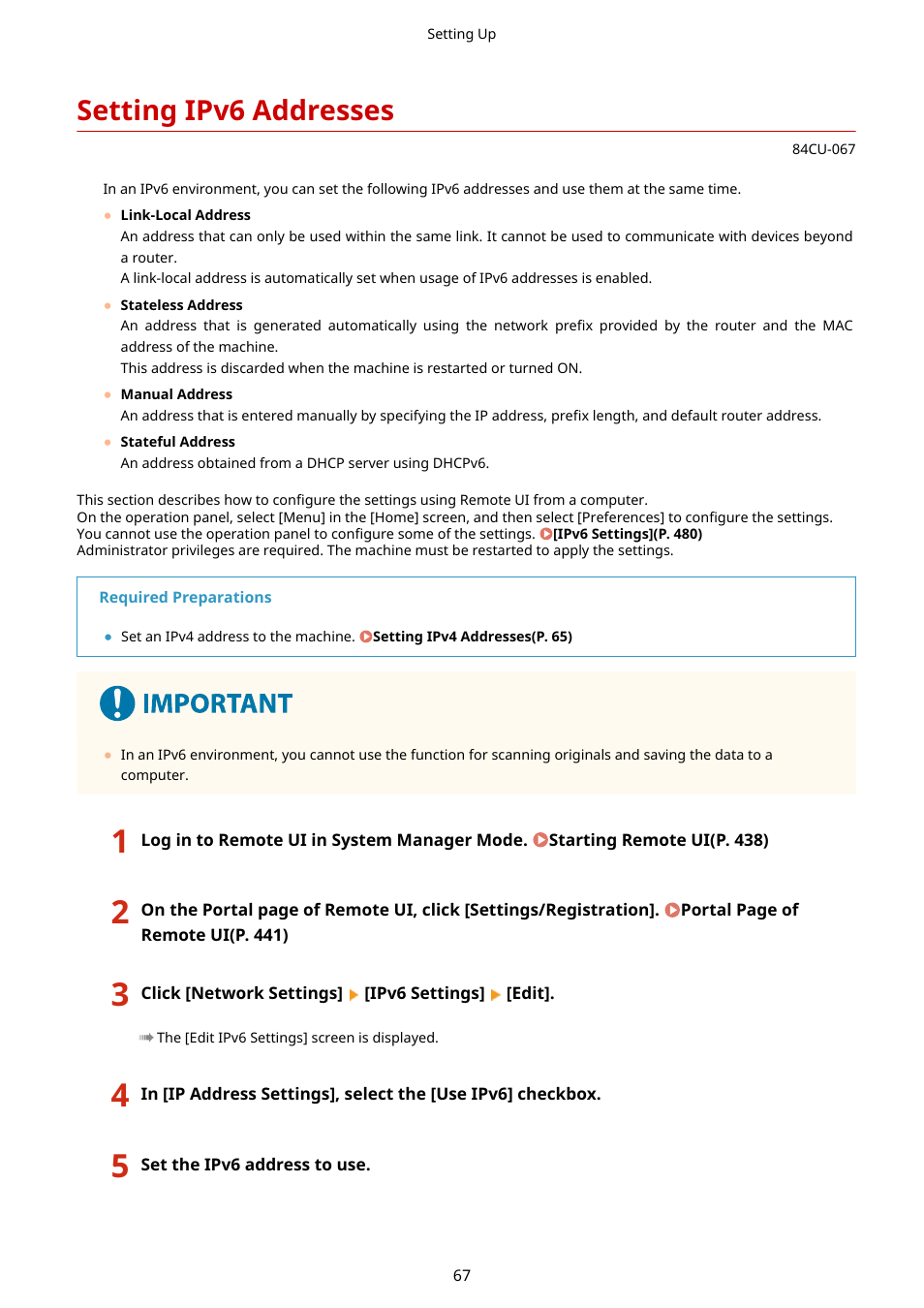 Setting ipv6 addresses, Setting ipv6 addresses(p. 67) | Canon imageCLASS MF753Cdw Multifunction Wireless Color Laser Printer User Manual | Page 77 / 801