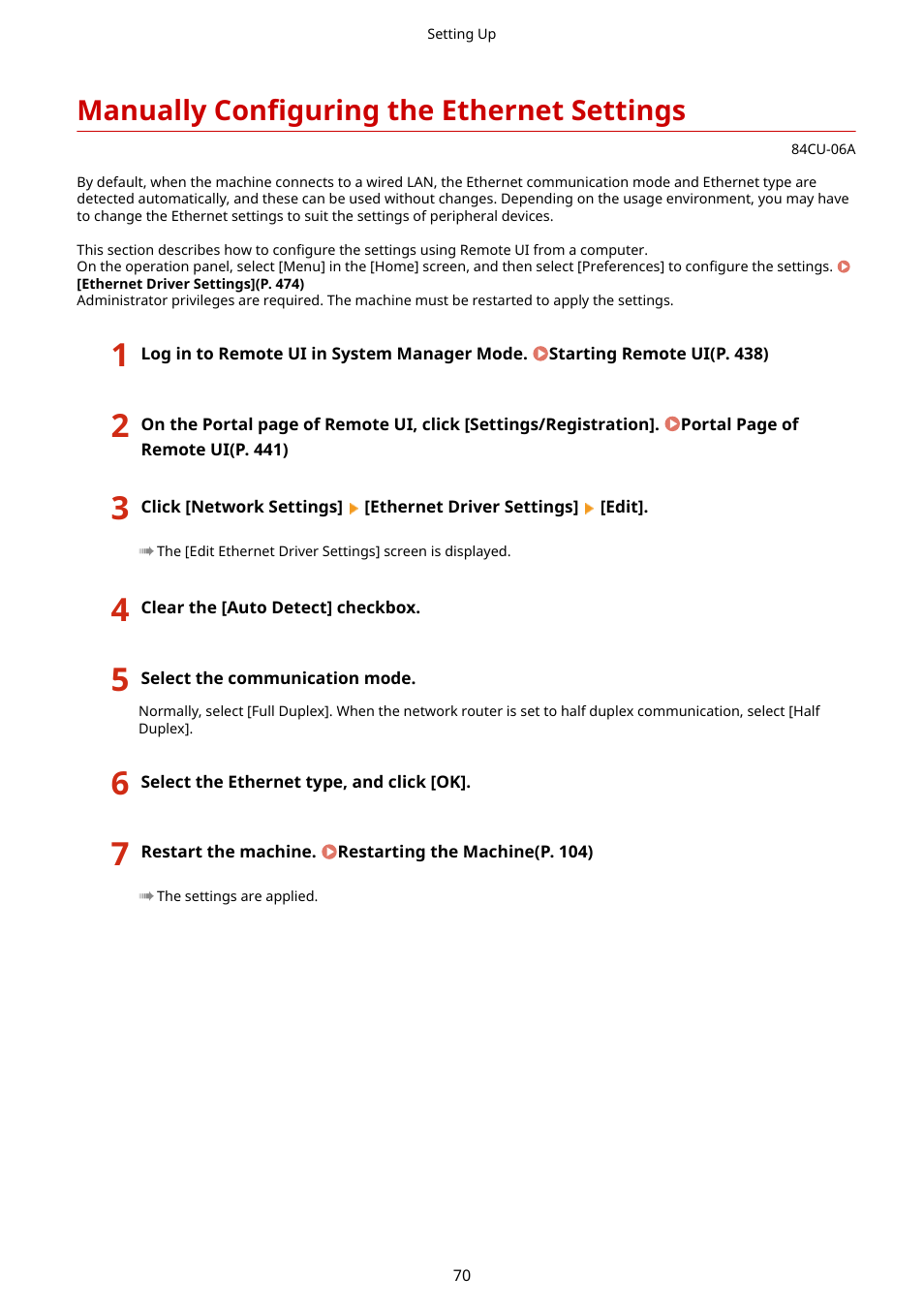 Manually configuring the ethernet settings, Manually configuring the ethernet settings(p. 70) | Canon imageCLASS MF753Cdw Multifunction Wireless Color Laser Printer User Manual | Page 80 / 801