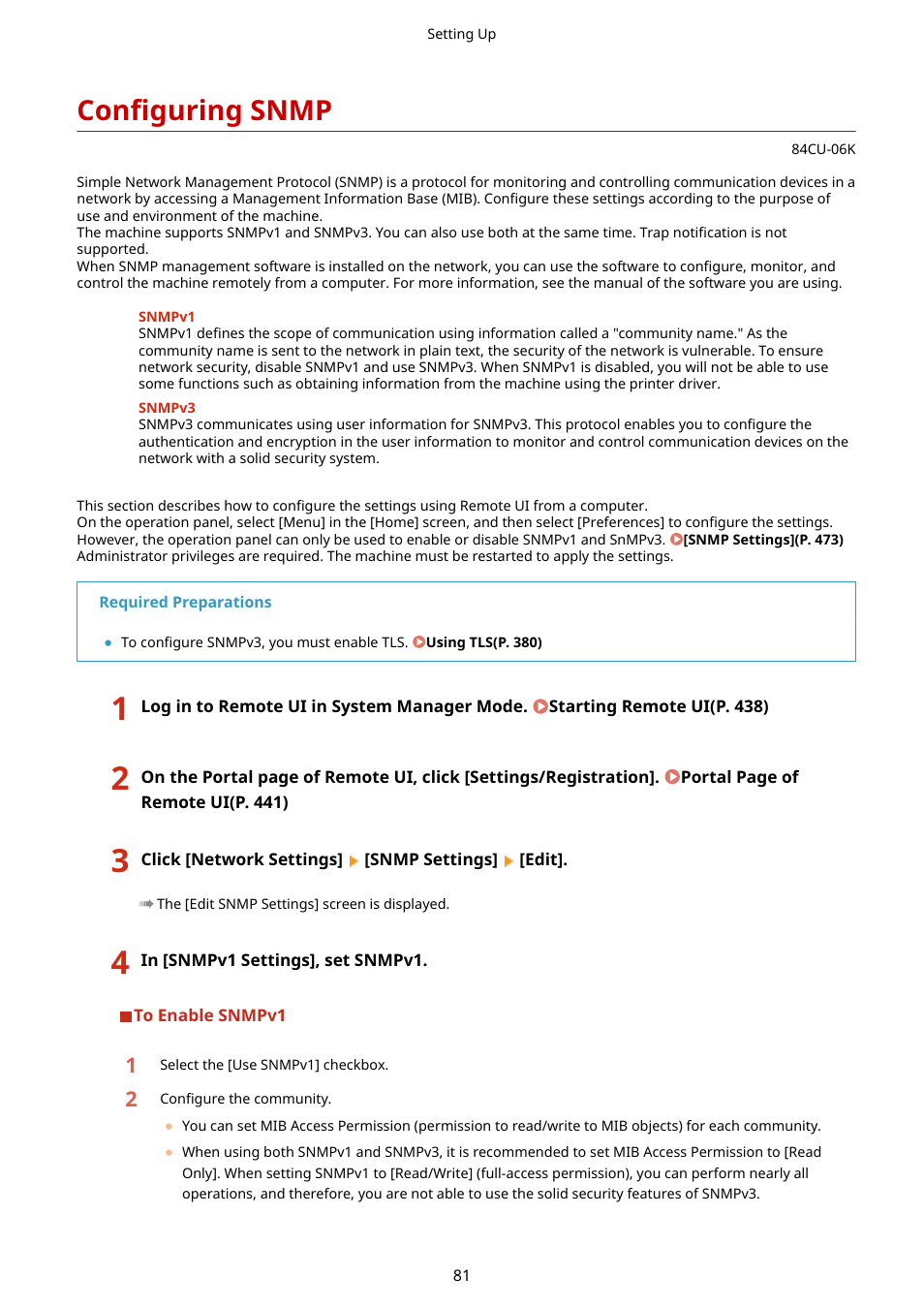 Configuring snmp, Configuring snmp(p. 81) | Canon imageCLASS MF753Cdw Multifunction Wireless Color Laser Printer User Manual | Page 91 / 801