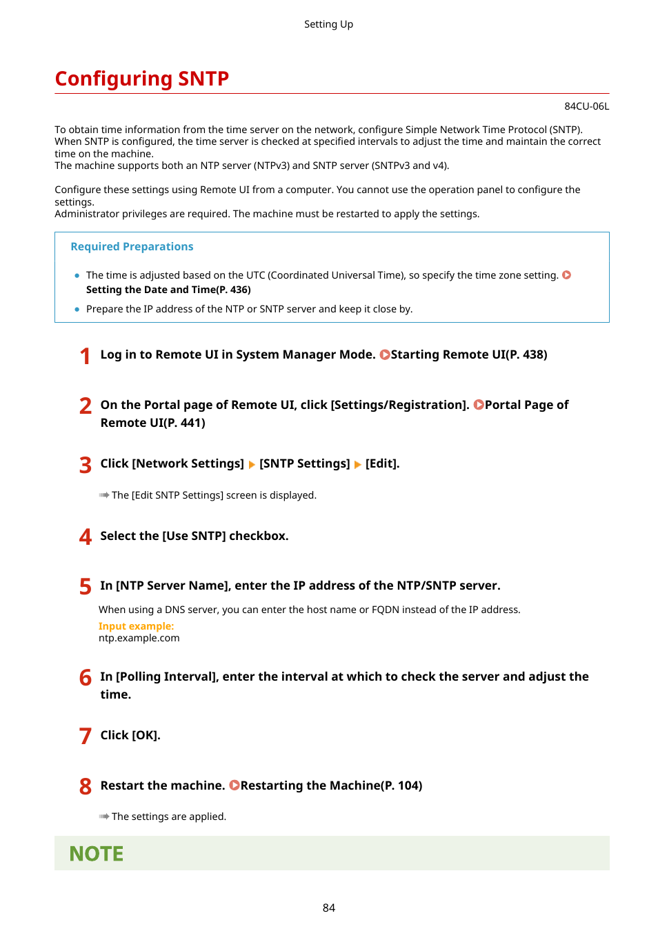 Configuring sntp, Configuring sntp(p. 84) | Canon imageCLASS MF753Cdw Multifunction Wireless Color Laser Printer User Manual | Page 94 / 801
