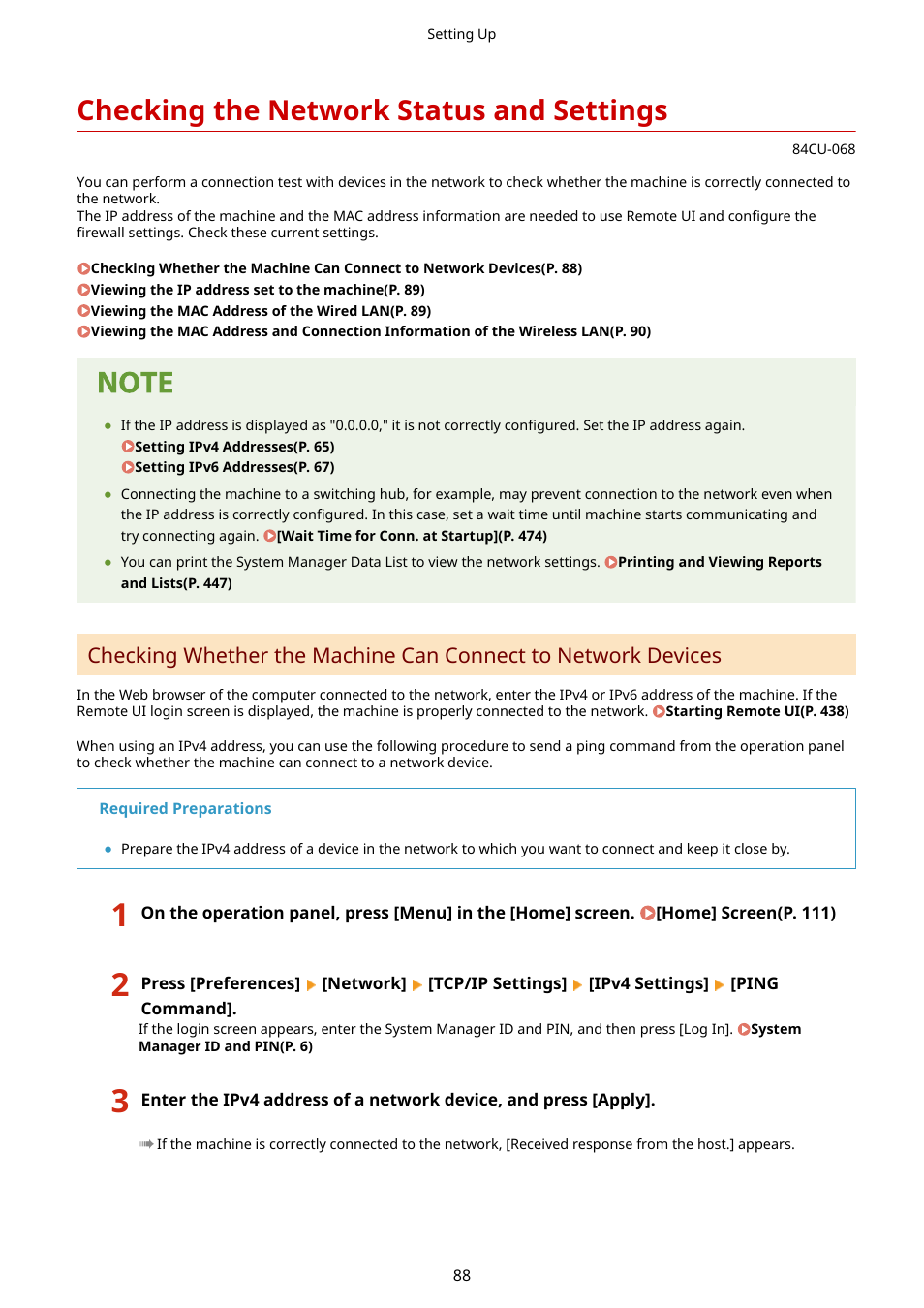 Checking the network status and settings, Checking the network status and settings(p. 88) | Canon imageCLASS MF753Cdw Multifunction Wireless Color Laser Printer User Manual | Page 98 / 801