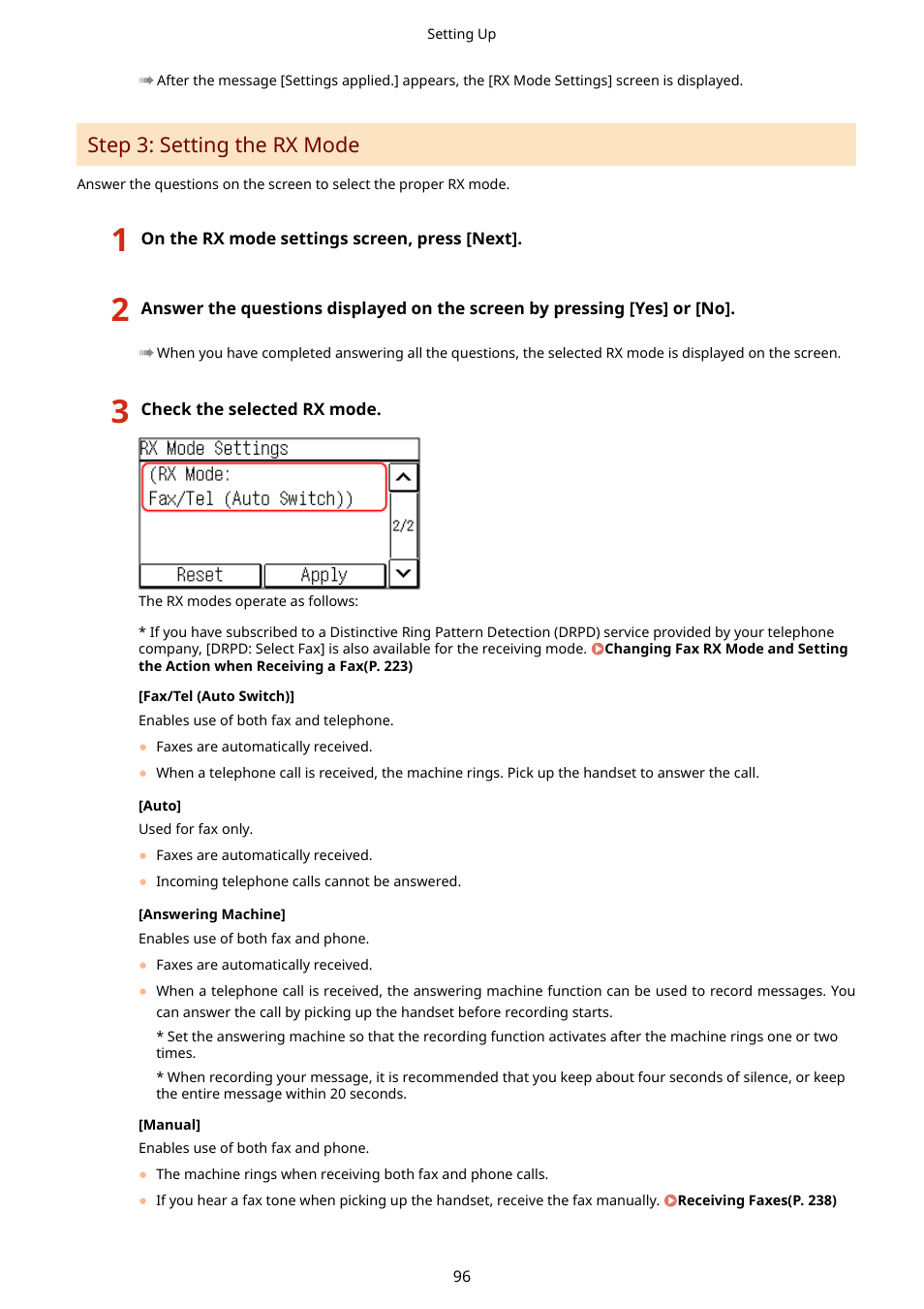 Step 3: setting the rx mode(p. 96), Step 3: setting the rx mode | Canon imageCLASS MF275dw Wireless All-In-One Monochrome Laser Printer User Manual | Page 105 / 633