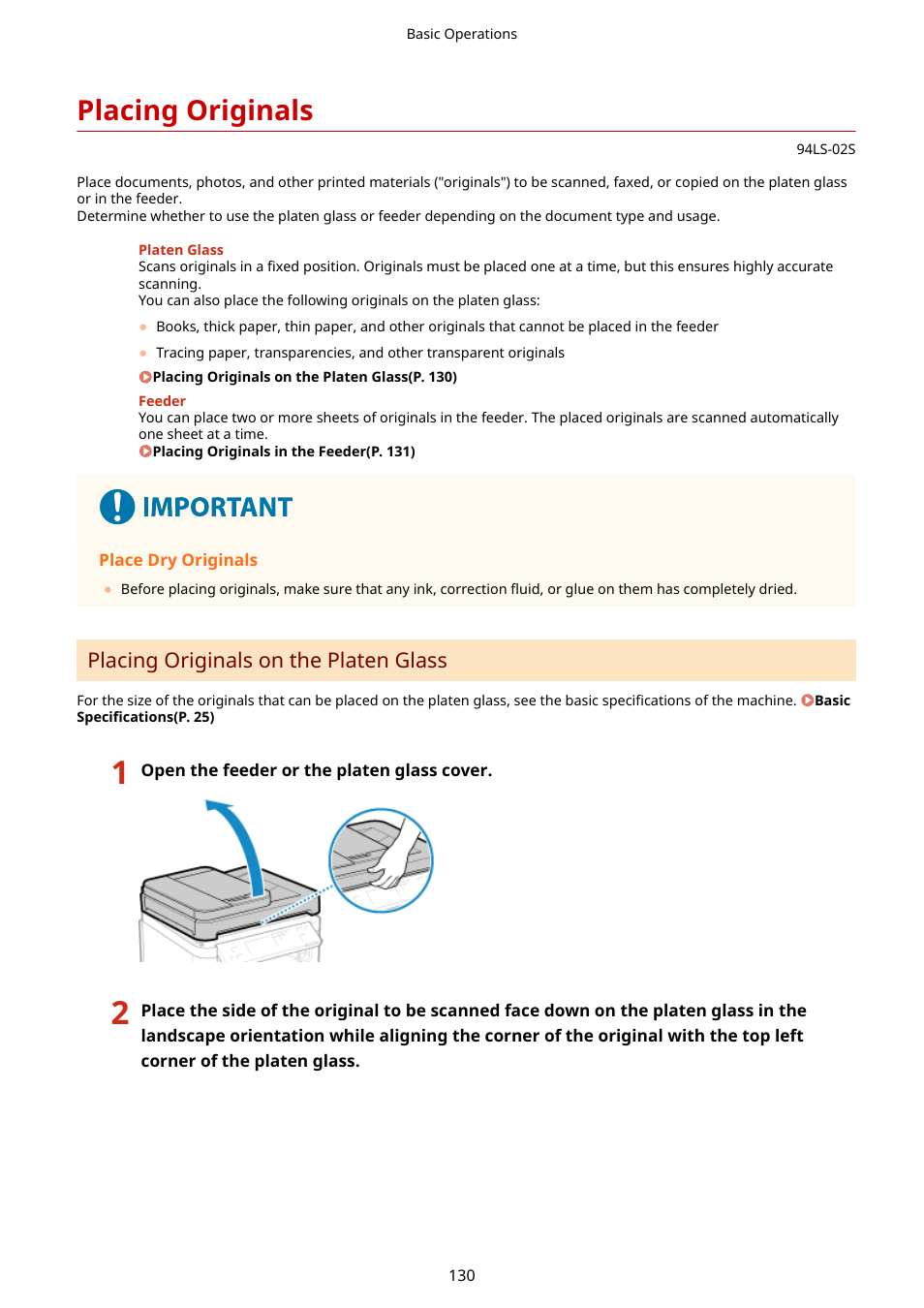 Placing originals, Placing originals(p. 130), Placing originals on the platen glass | Canon imageCLASS MF275dw Wireless All-In-One Monochrome Laser Printer User Manual | Page 139 / 633