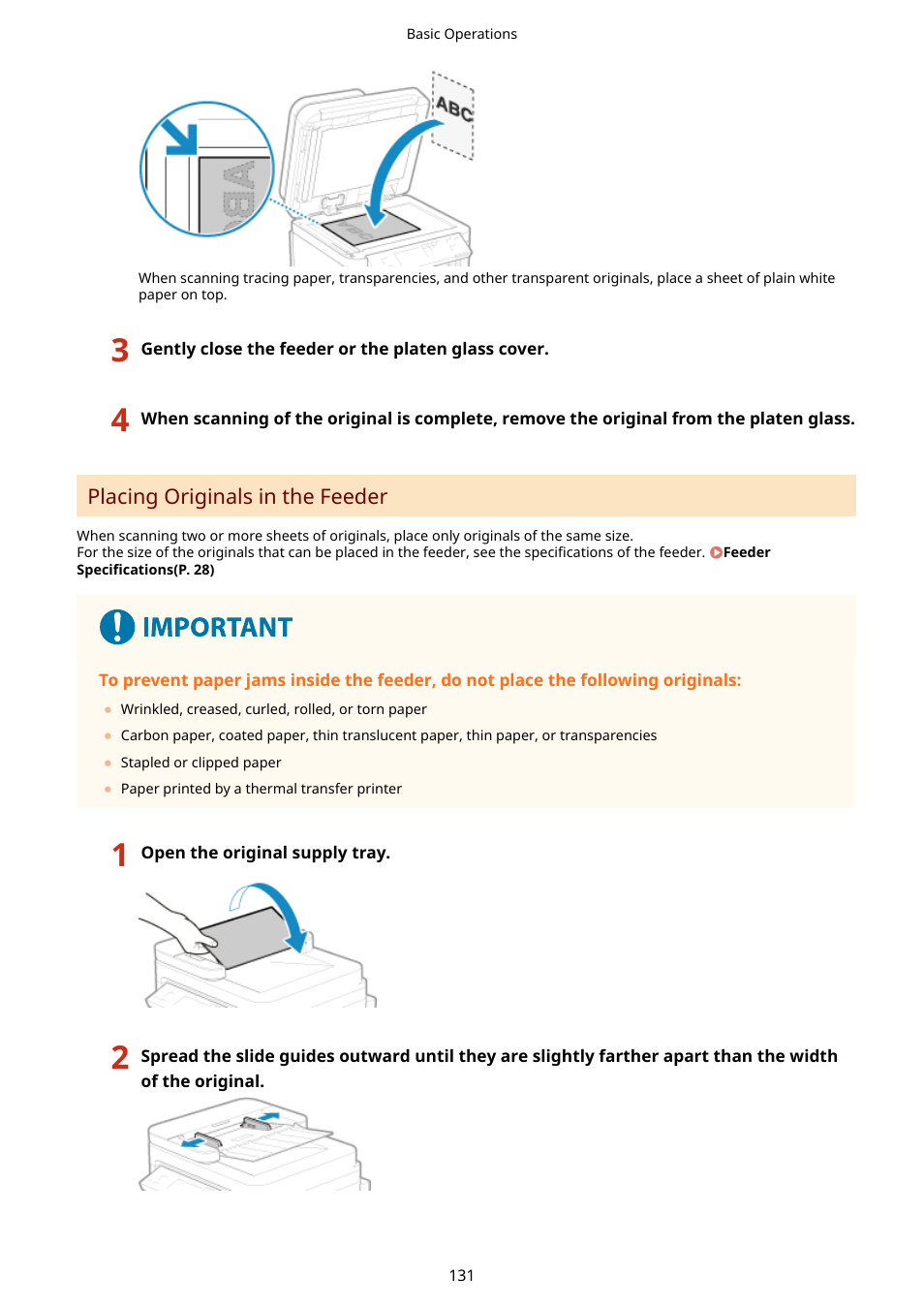 Placing originals in the feeder(p. 131) | Canon imageCLASS MF275dw Wireless All-In-One Monochrome Laser Printer User Manual | Page 140 / 633