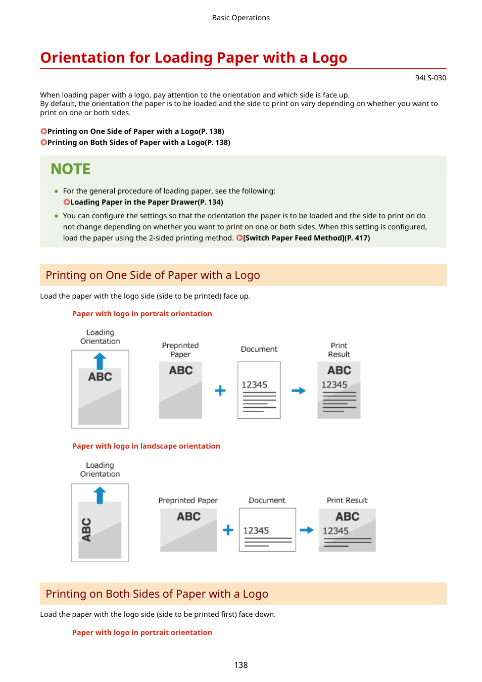 Orientation for loading paper with a logo, Orientation for loading paper with a logo(p. 138), Printing on one side of paper with a logo | Printing on both sides of paper with a logo | Canon imageCLASS MF275dw Wireless All-In-One Monochrome Laser Printer User Manual | Page 147 / 633