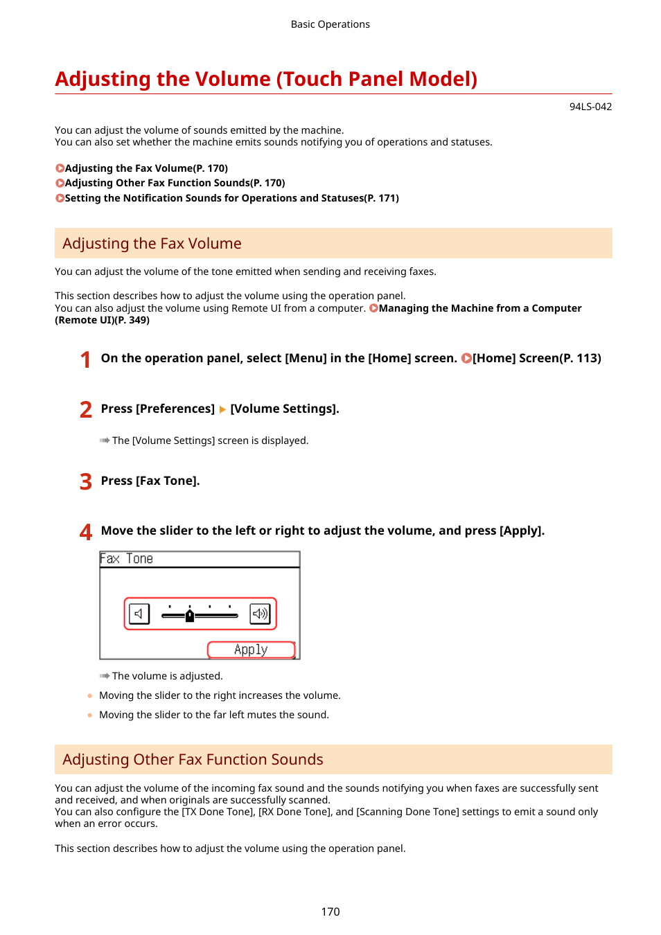 Adjusting the volume (touch panel model), Adjusting the volume (touch panel model)(p. 170) | Canon imageCLASS MF275dw Wireless All-In-One Monochrome Laser Printer User Manual | Page 179 / 633