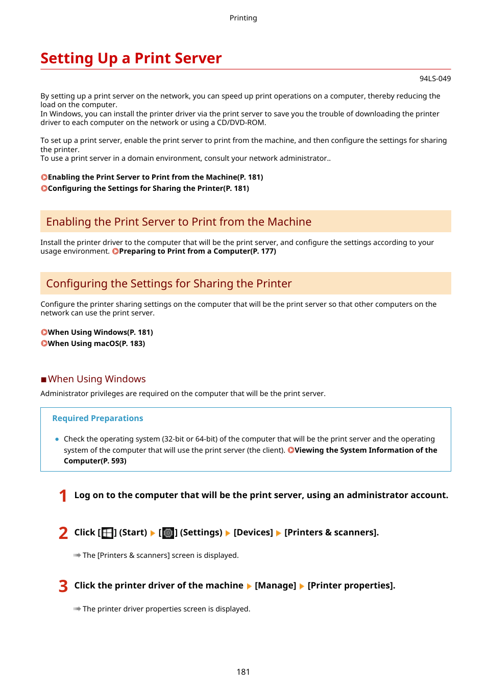 Setting up a print server, Setting up a print server(p. 181), Configuring the settings for sharing the printer | Canon imageCLASS MF275dw Wireless All-In-One Monochrome Laser Printer User Manual | Page 190 / 633