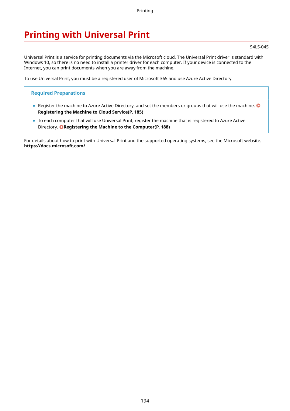 Printing with universal print, Printing with universal print(p. 194) | Canon imageCLASS MF275dw Wireless All-In-One Monochrome Laser Printer User Manual | Page 203 / 633