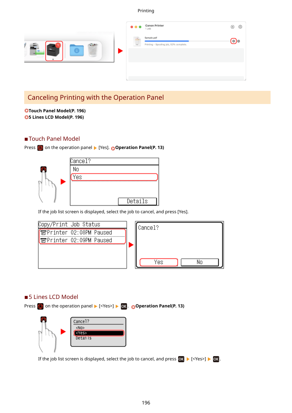 Operation panel(p. 196), Canceling printing with the operation panel | Canon imageCLASS MF275dw Wireless All-In-One Monochrome Laser Printer User Manual | Page 205 / 633