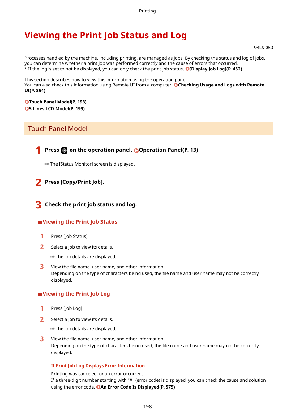 Viewing the print job status and log, Viewing the print job status and log(p. 198) | Canon imageCLASS MF275dw Wireless All-In-One Monochrome Laser Printer User Manual | Page 207 / 633