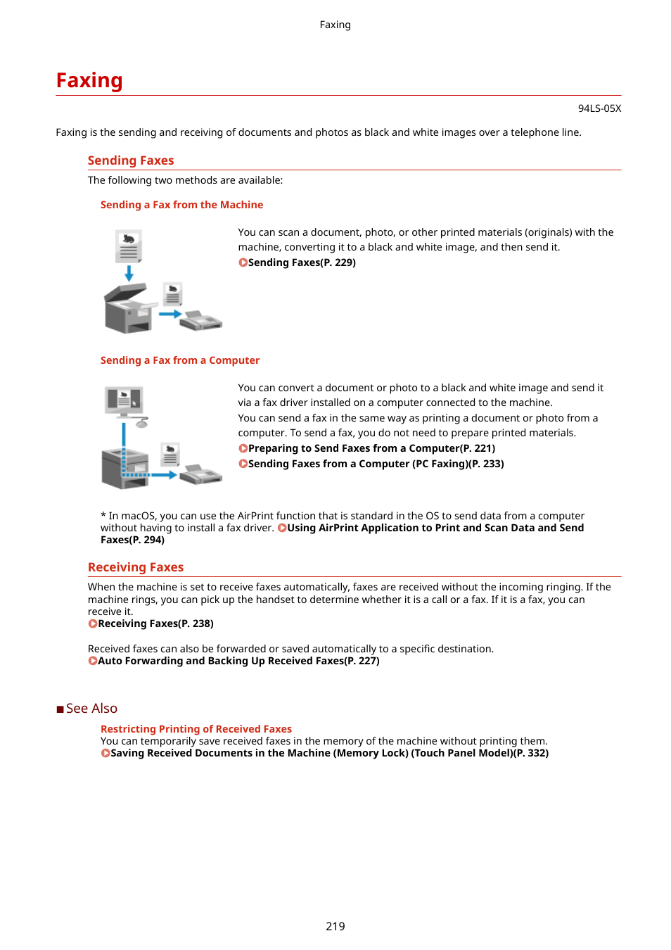 Faxing, Es documents. faxing(p. 219) | Canon imageCLASS MF275dw Wireless All-In-One Monochrome Laser Printer User Manual | Page 228 / 633