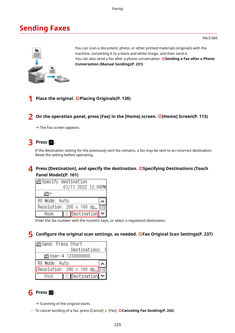 Sending faxes, Sending faxes(p. 229) | Canon imageCLASS MF275dw Wireless All-In-One Monochrome Laser Printer User Manual | Page 238 / 633