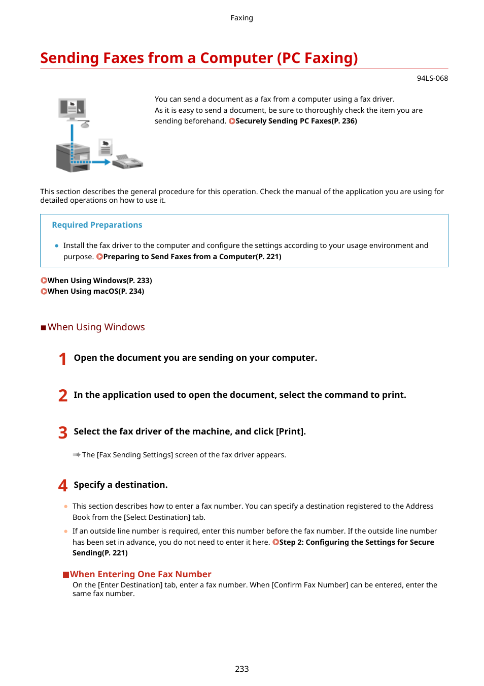 Sending faxes from a computer (pc faxing), Sending faxes from a computer (pc faxing)(p. 233) | Canon imageCLASS MF275dw Wireless All-In-One Monochrome Laser Printer User Manual | Page 242 / 633