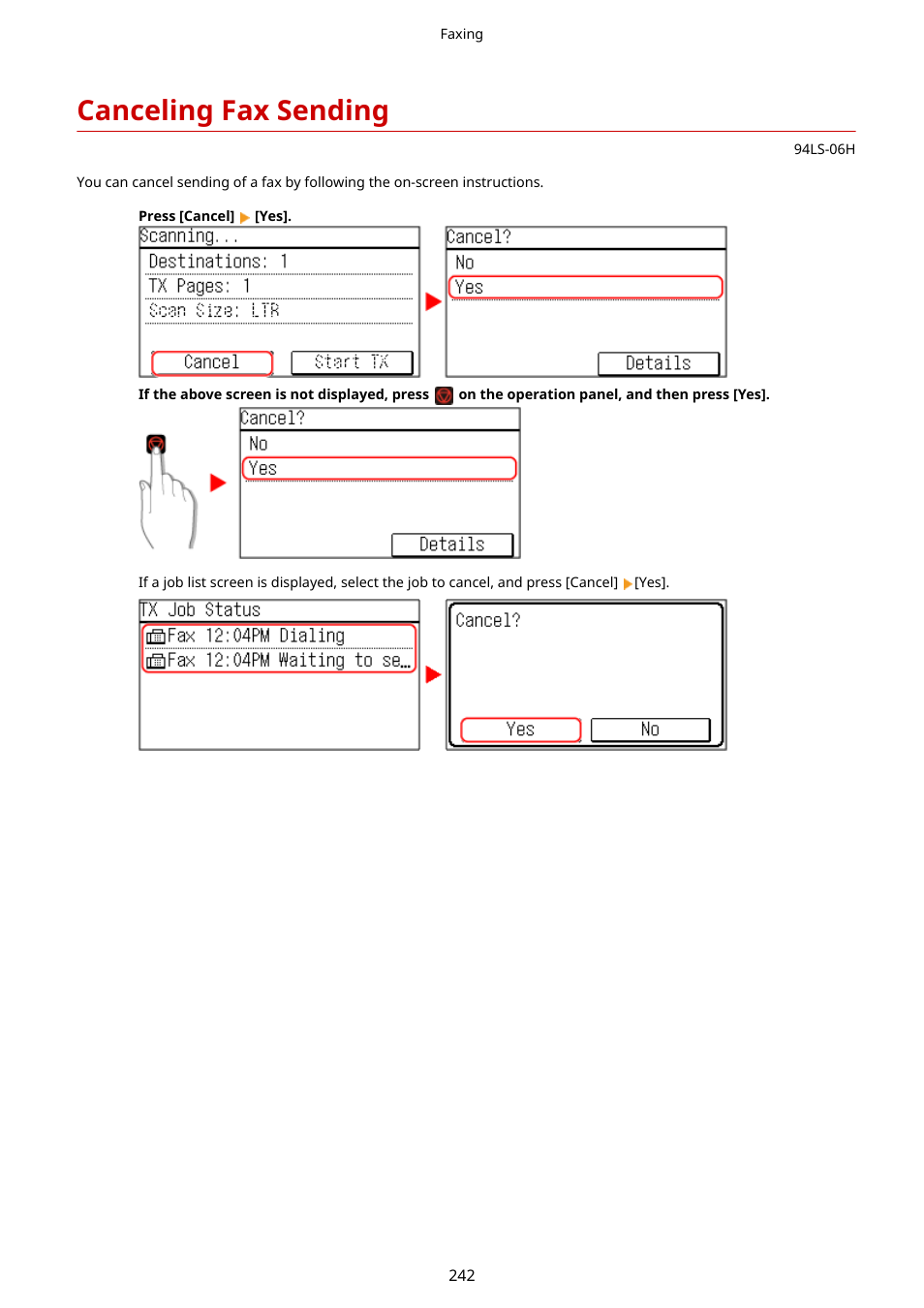 Canceling fax sending, Canceling fax sending(p. 242) | Canon imageCLASS MF275dw Wireless All-In-One Monochrome Laser Printer User Manual | Page 251 / 633