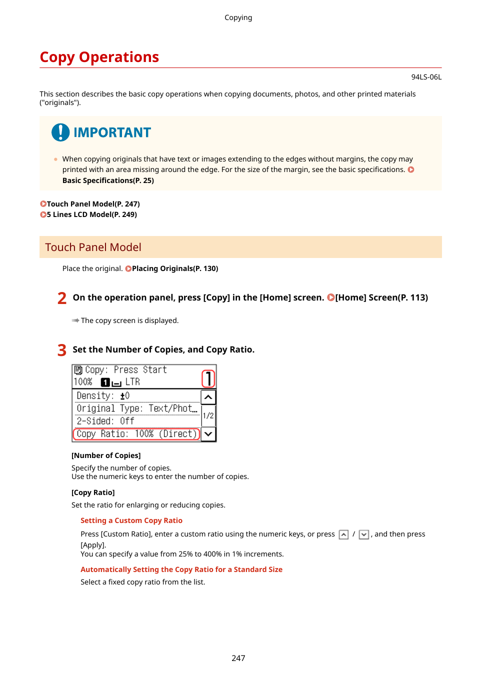 Copy operations, Copy operations(p. 247), Touch panel model | Canon imageCLASS MF275dw Wireless All-In-One Monochrome Laser Printer User Manual | Page 256 / 633