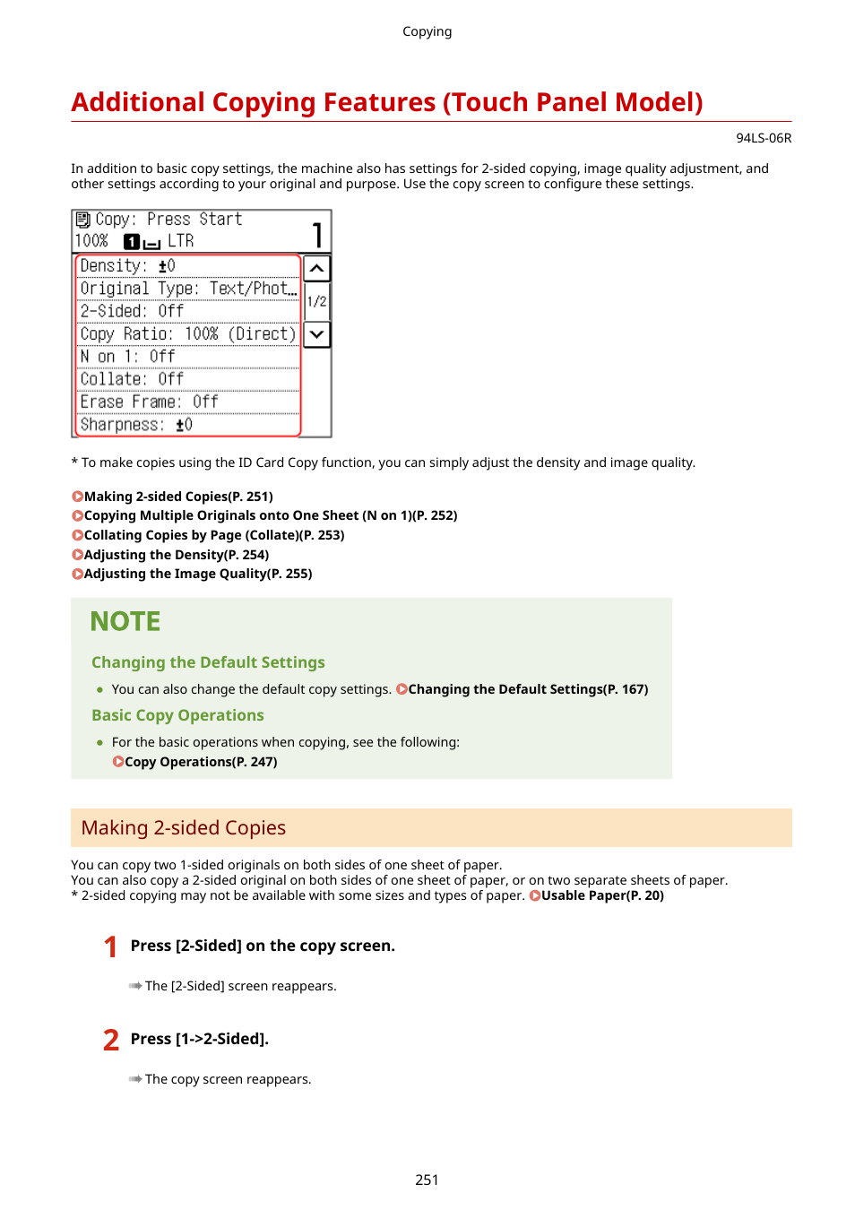 Additional copying features (touch panel model), Making 2-sided copies | Canon imageCLASS MF275dw Wireless All-In-One Monochrome Laser Printer User Manual | Page 260 / 633