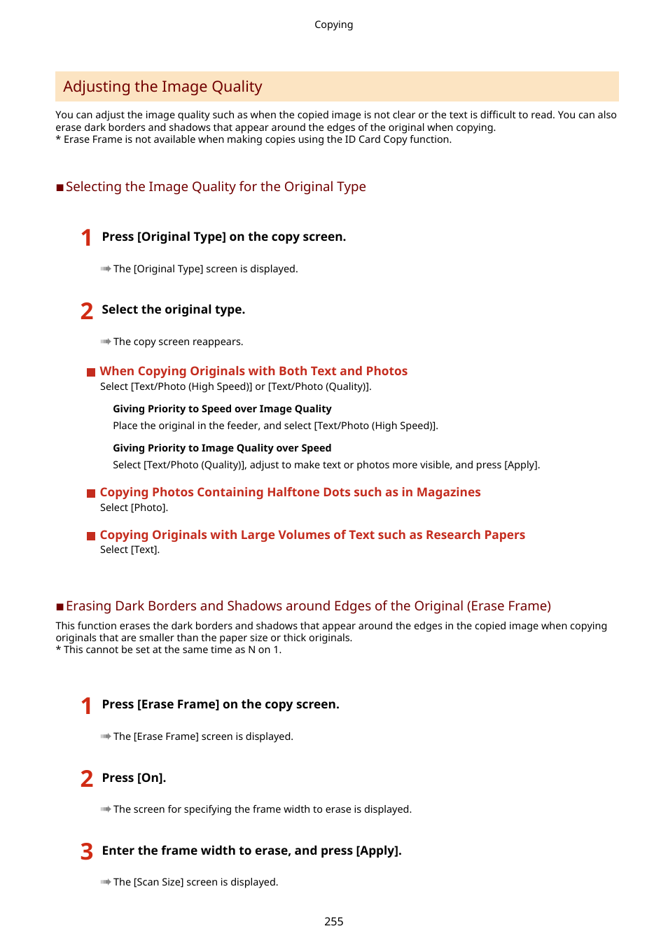 Adjusting the image quality(p. 255) | Canon imageCLASS MF275dw Wireless All-In-One Monochrome Laser Printer User Manual | Page 264 / 633