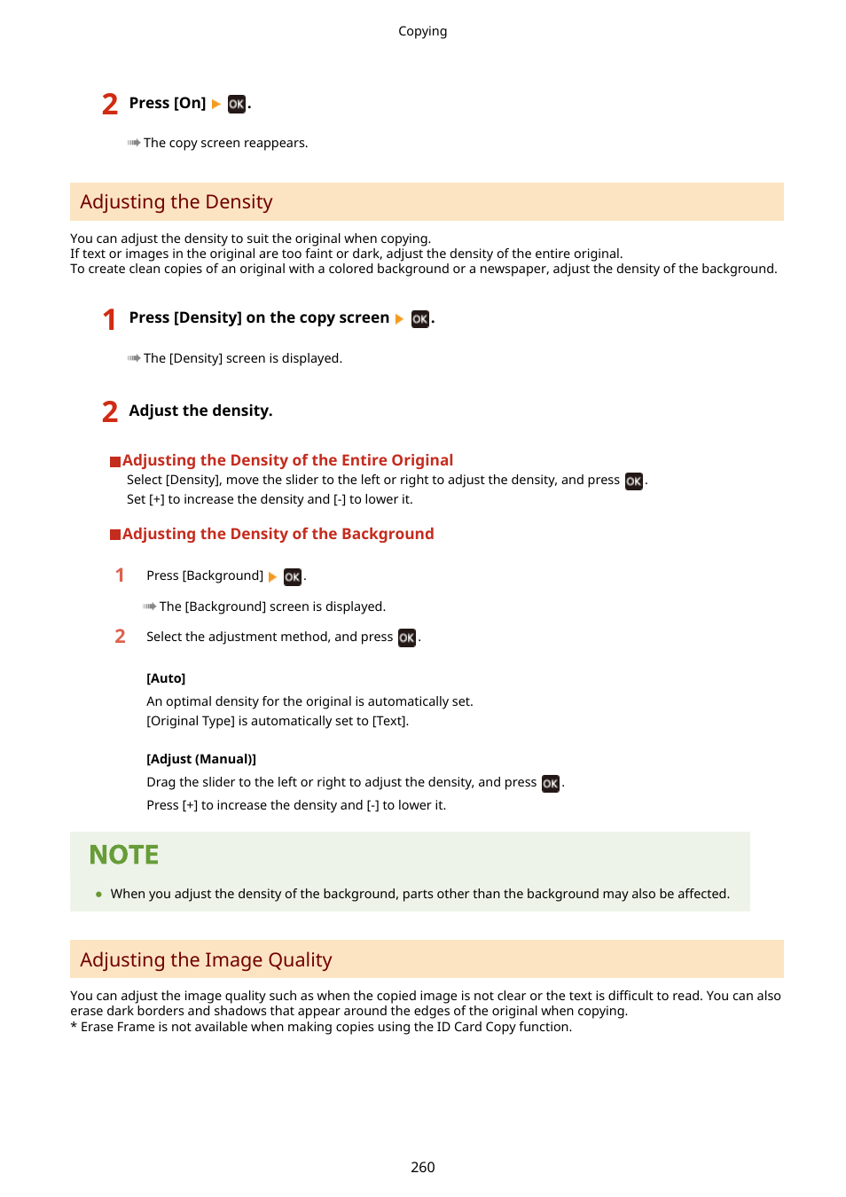 Adjusting the density, Adjusting the image quality | Canon imageCLASS MF275dw Wireless All-In-One Monochrome Laser Printer User Manual | Page 269 / 633