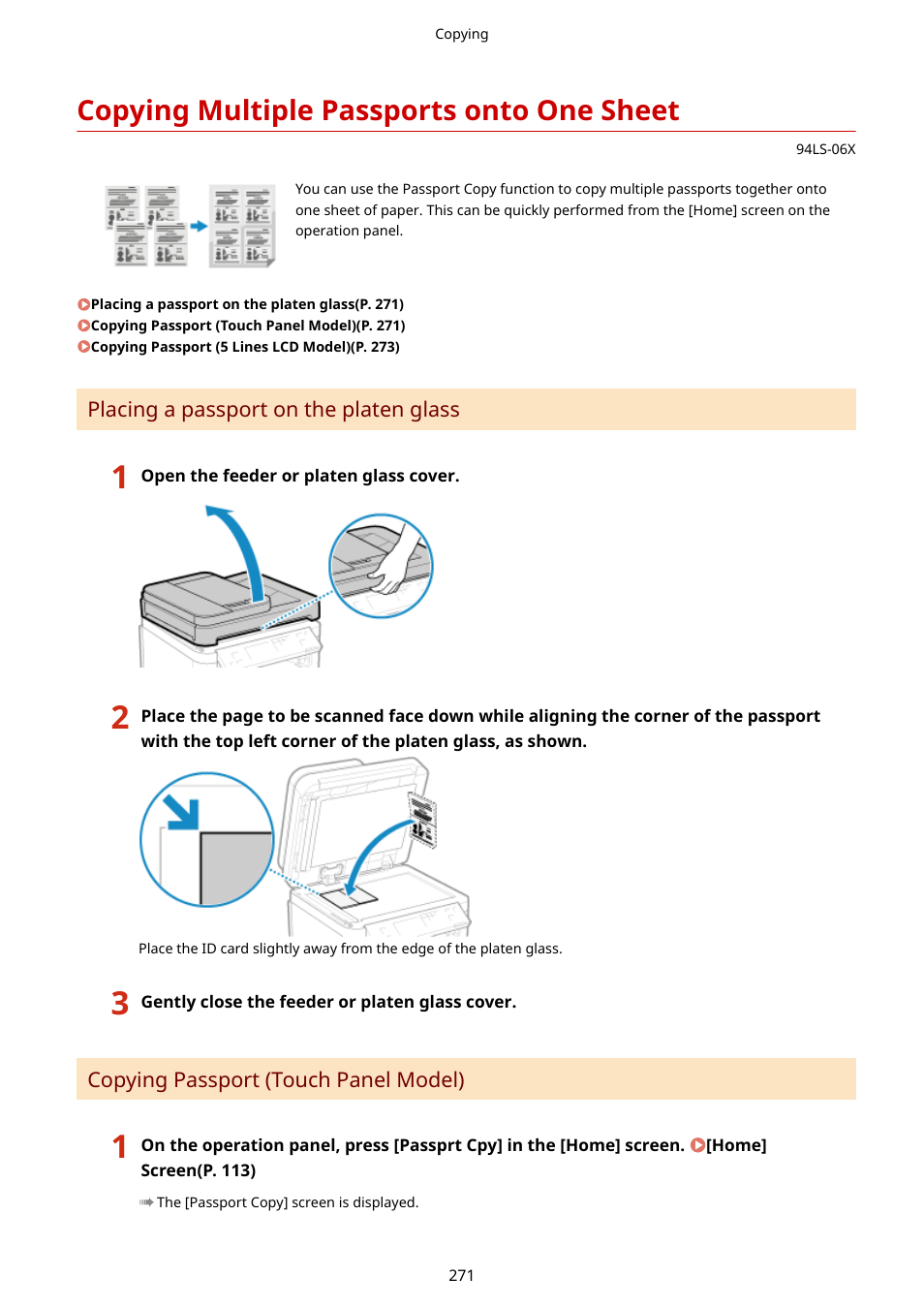 Copying multiple passports onto one sheet, Copying multiple passports onto one sheet(p. 271) | Canon imageCLASS MF275dw Wireless All-In-One Monochrome Laser Printer User Manual | Page 280 / 633