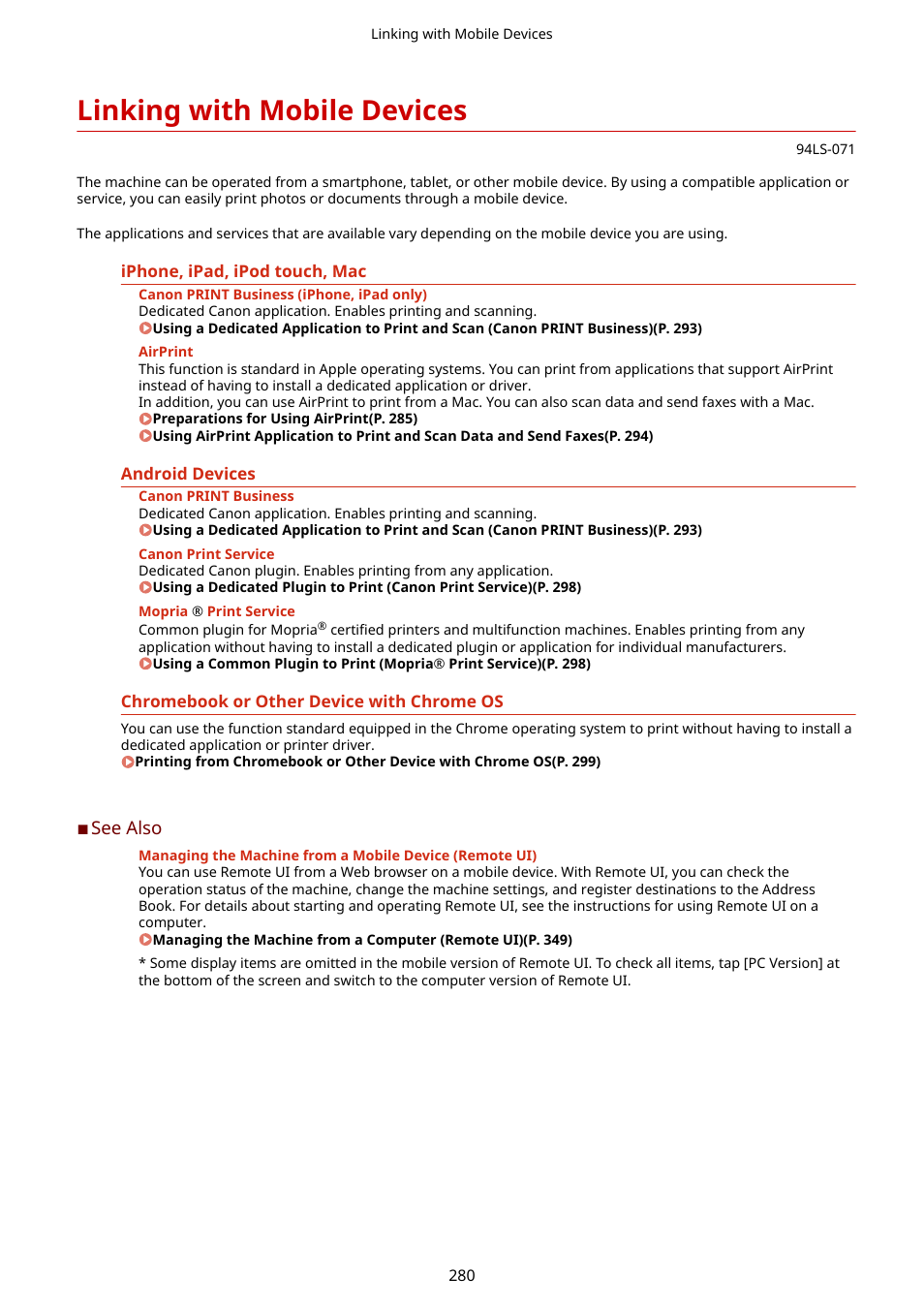 Linking with mobile devices, Linking with mobile devices(p. 280) | Canon imageCLASS MF275dw Wireless All-In-One Monochrome Laser Printer User Manual | Page 289 / 633