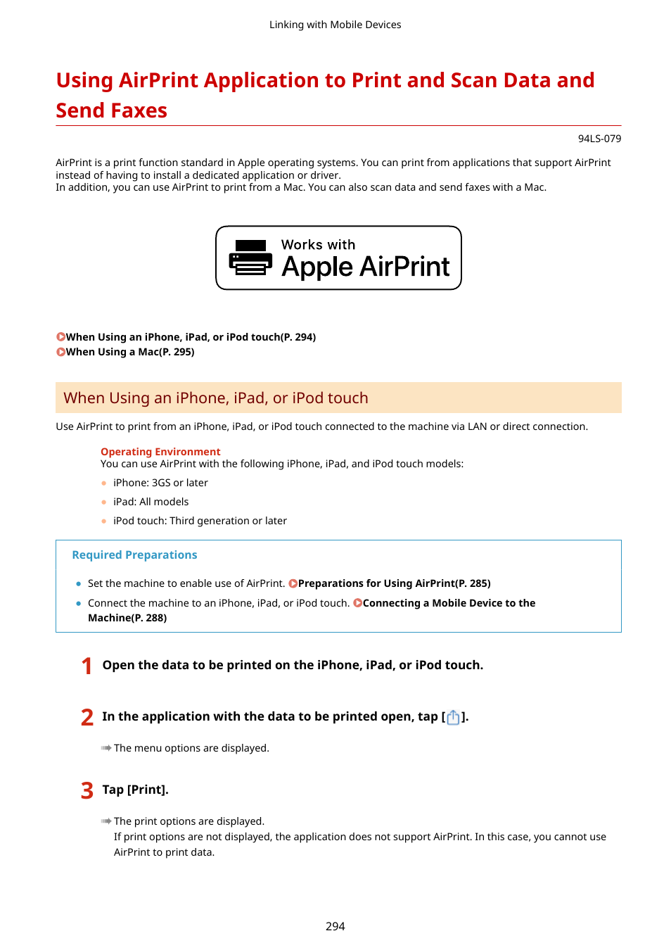 Faxes(p. 294), Data and send faxes(p. 294), When using an iphone, ipad, or ipod touch | Canon imageCLASS MF275dw Wireless All-In-One Monochrome Laser Printer User Manual | Page 303 / 633