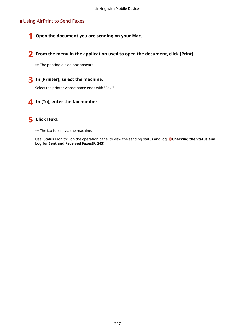 Using airprint to send faxes(p. 297) | Canon imageCLASS MF275dw Wireless All-In-One Monochrome Laser Printer User Manual | Page 306 / 633