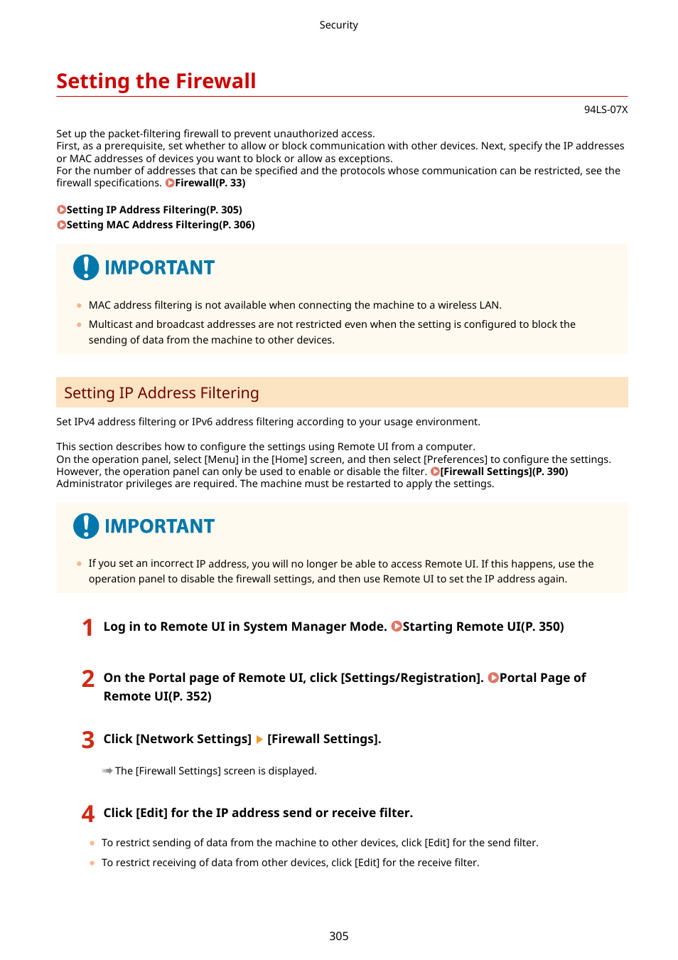 Setting the firewall, Setting the firewall(p. 305), Setting ip address filtering | Canon imageCLASS MF275dw Wireless All-In-One Monochrome Laser Printer User Manual | Page 314 / 633