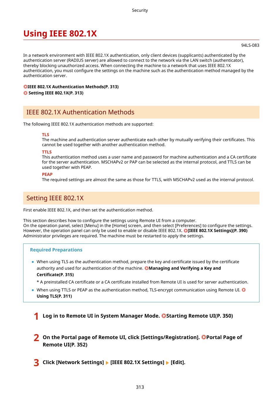 Using ieee 802.1x, Using ieee 802.1x(p. 313), Ieee 802.1x authentication methods | Setting ieee 802.1x | Canon imageCLASS MF275dw Wireless All-In-One Monochrome Laser Printer User Manual | Page 322 / 633