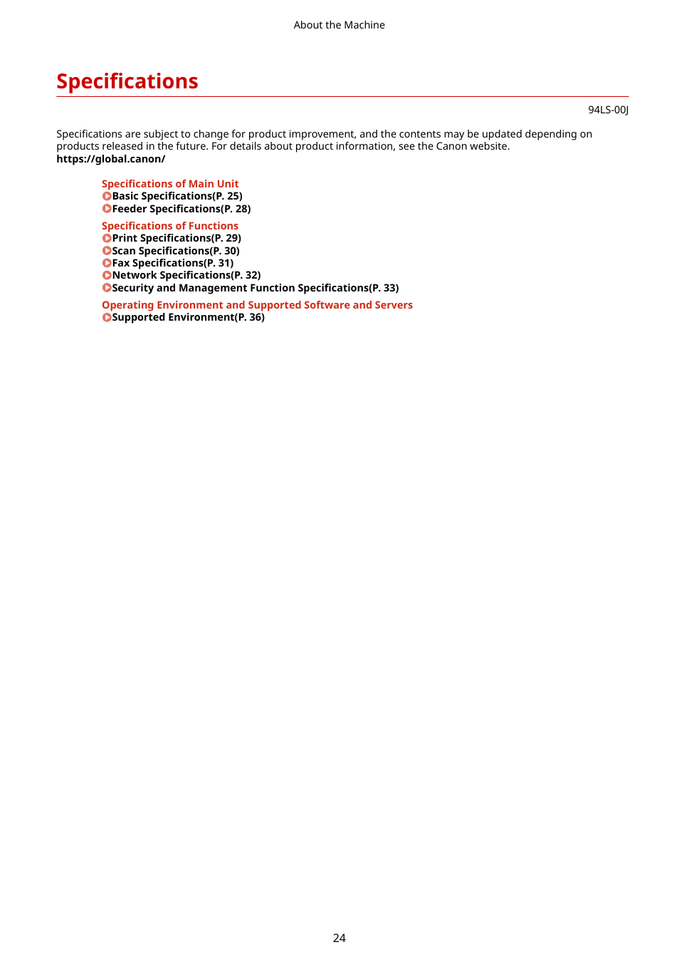 Specifications, Specifications(p. 24) | Canon imageCLASS MF275dw Wireless All-In-One Monochrome Laser Printer User Manual | Page 33 / 633