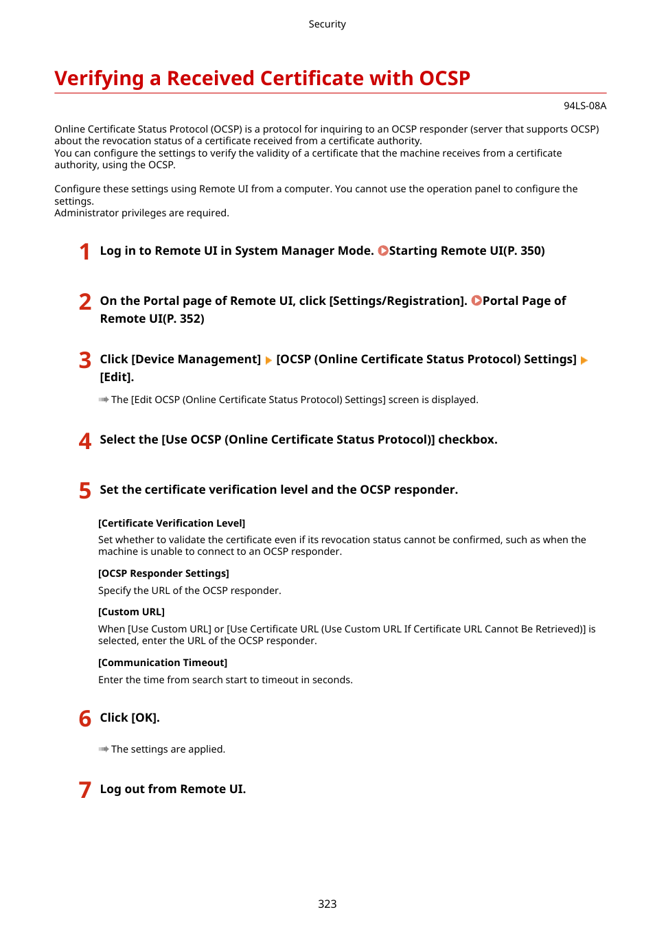 Verifying a received certificate with ocsp, Verifying a received certificate with ocsp(p. 323) | Canon imageCLASS MF275dw Wireless All-In-One Monochrome Laser Printer User Manual | Page 332 / 633