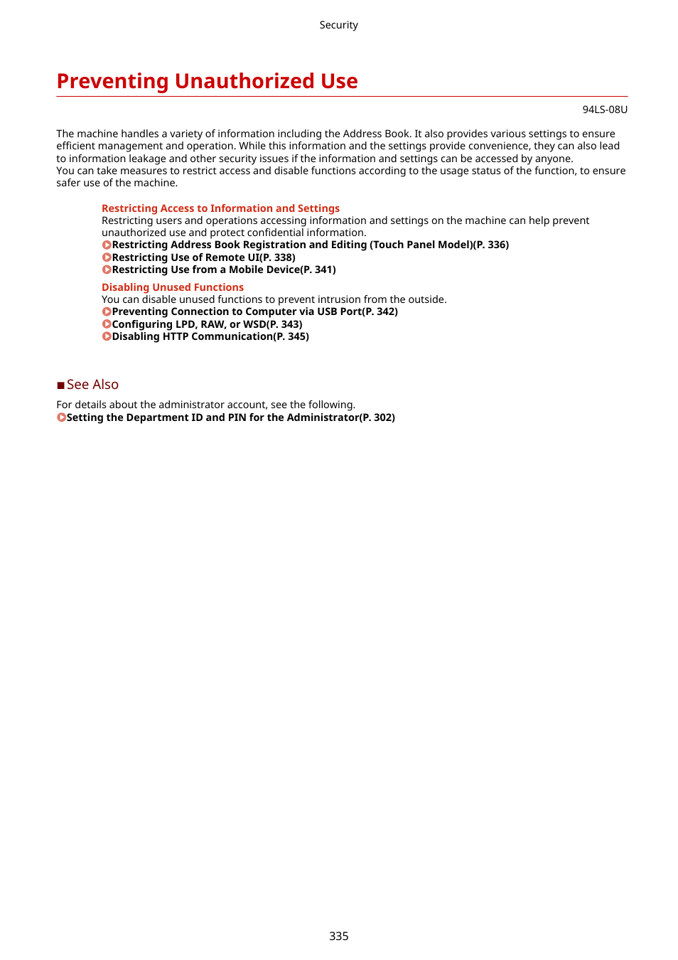 Preventing unauthorized use, Preventing unauthorized use(p. 335) | Canon imageCLASS MF275dw Wireless All-In-One Monochrome Laser Printer User Manual | Page 344 / 633