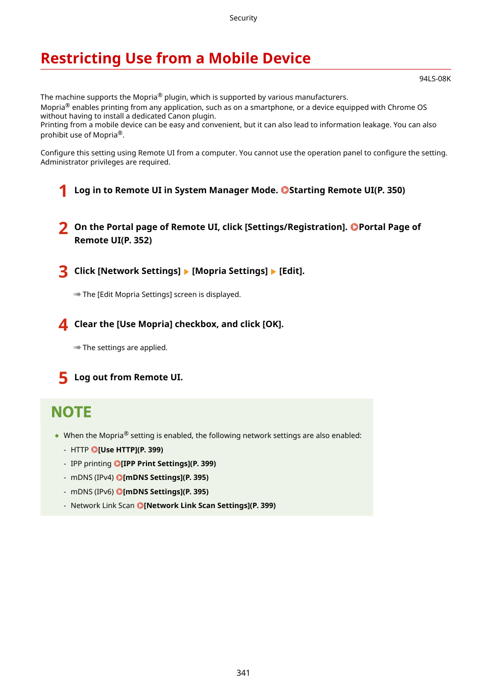 Restricting use from a mobile device, Restricting use from a mobile device(p. 341) | Canon imageCLASS MF275dw Wireless All-In-One Monochrome Laser Printer User Manual | Page 350 / 633