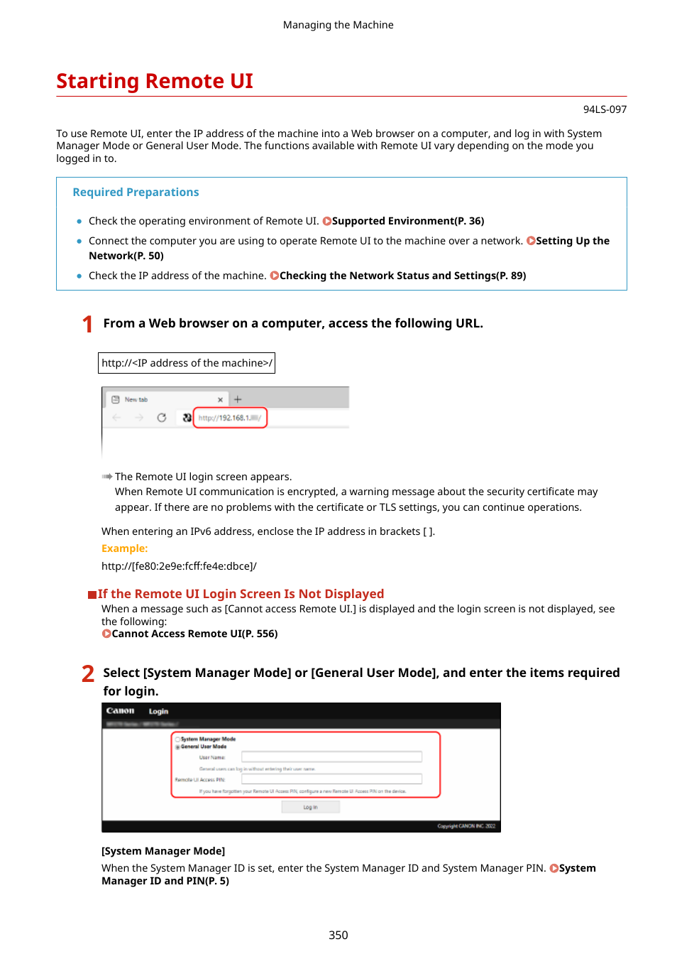Starting remote ui, Log in to remote ui. starting remote ui(p. 350), Starting remote ui(p. 350) | Canon imageCLASS MF275dw Wireless All-In-One Monochrome Laser Printer User Manual | Page 359 / 633