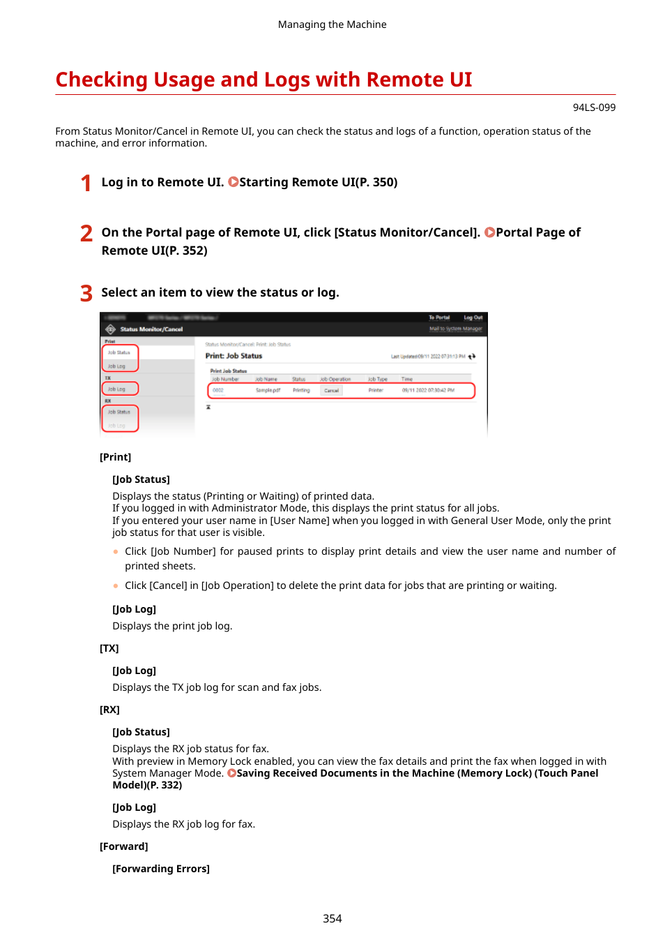 Checking usage and logs with remote ui, Checking usage and logs with remote, Ui(p. 354) | Checking usage and logs with remote ui(p. 354), Vice information] of remote ui, Or information | Canon imageCLASS MF275dw Wireless All-In-One Monochrome Laser Printer User Manual | Page 363 / 633