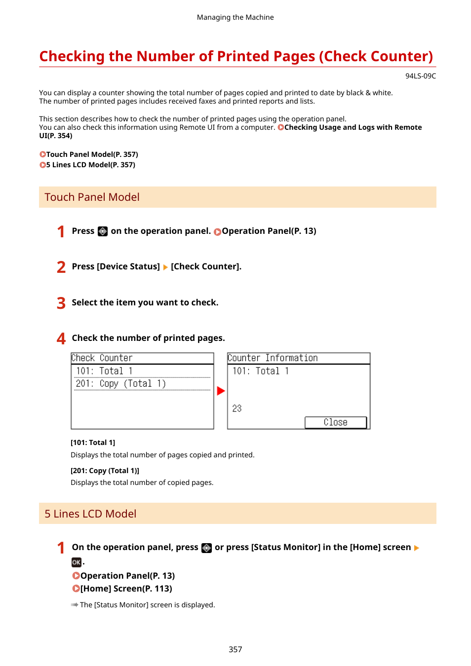 Counter)(p. 357), Check counter)(p. 357) | Canon imageCLASS MF275dw Wireless All-In-One Monochrome Laser Printer User Manual | Page 366 / 633