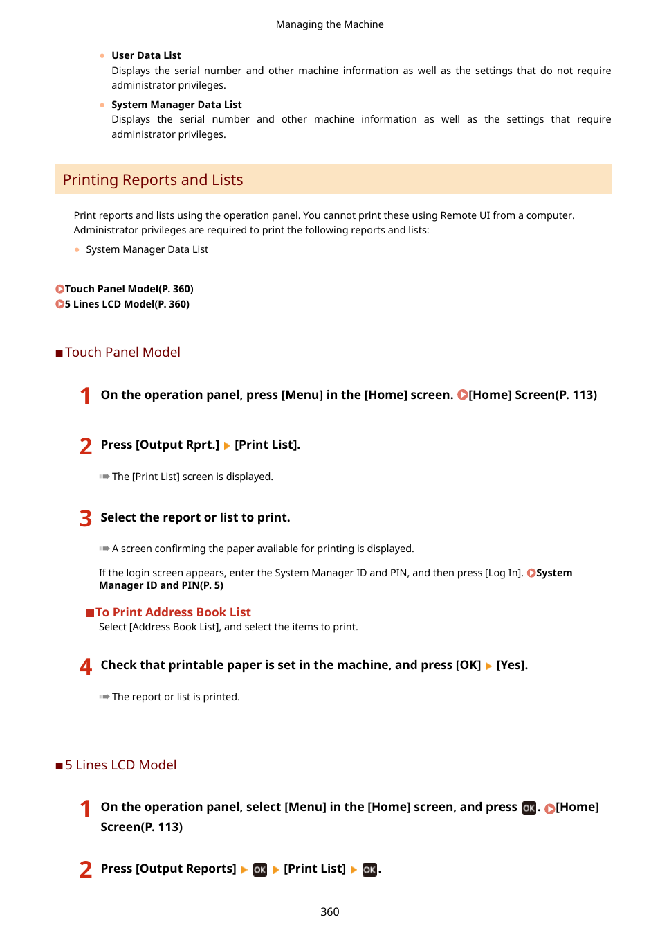 Printing reports and lists(p. 360) | Canon imageCLASS MF275dw Wireless All-In-One Monochrome Laser Printer User Manual | Page 369 / 633